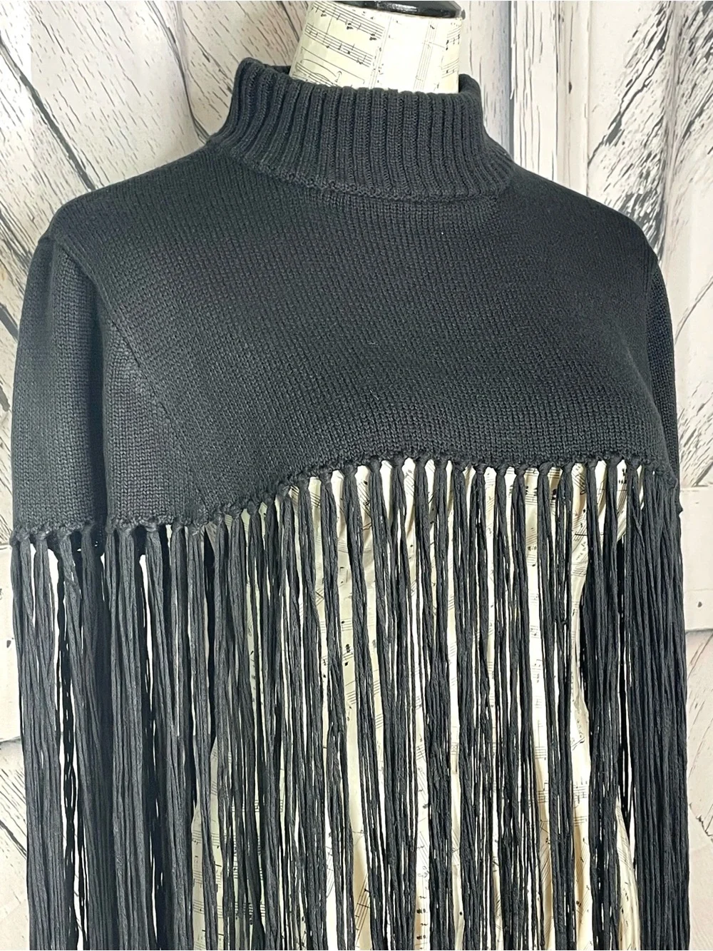 Black Fringed Knit Moc Neck Cape Elevated Half Sweater Size XL